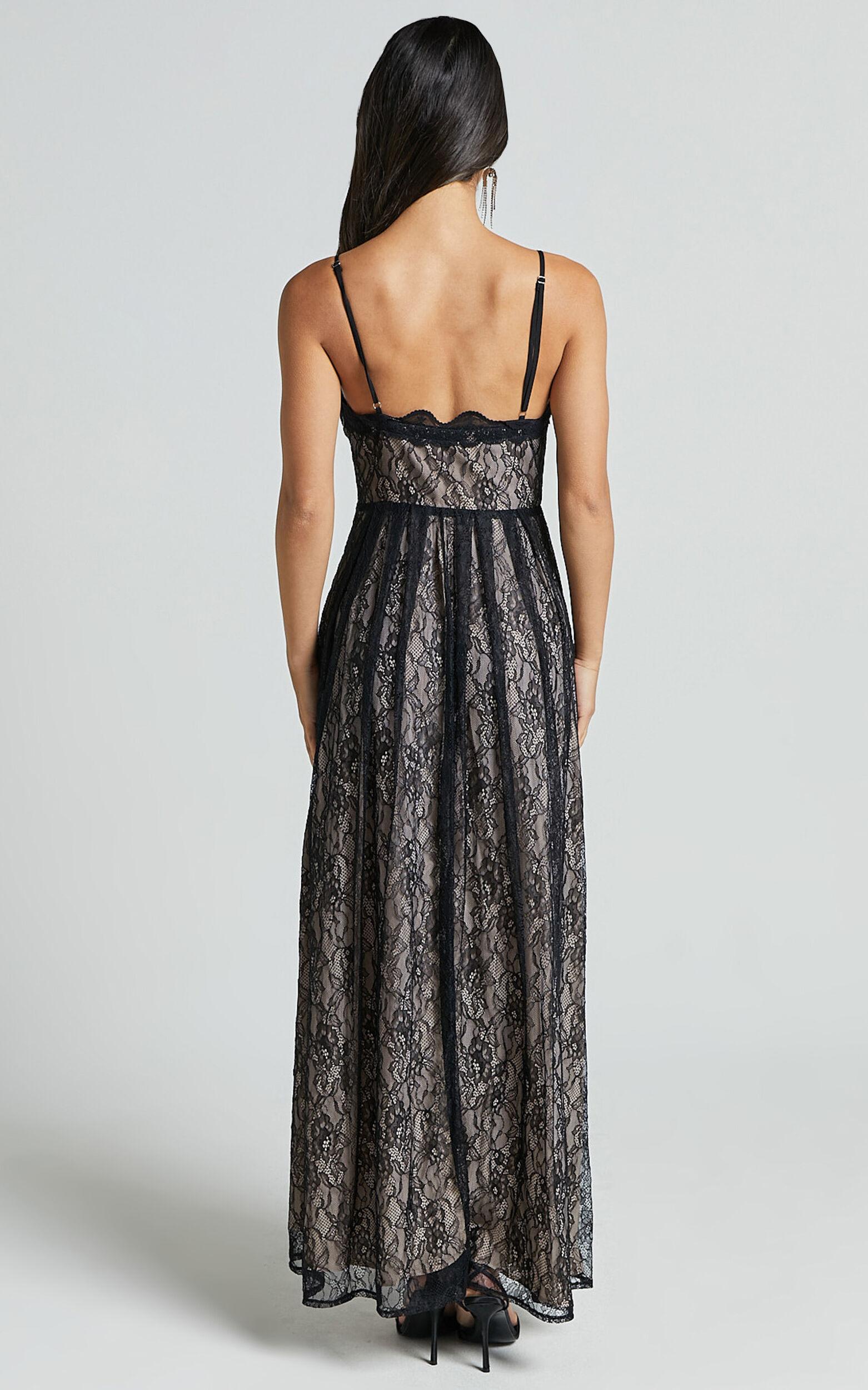 Leni Maxi Dress - Plunge Thigh Split Lace Dress in Black Product Image