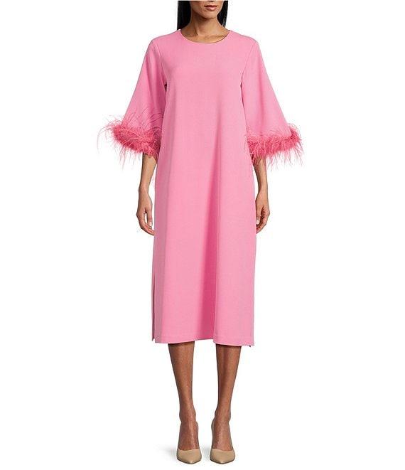 Preston & York Emmeline Round Neckline Long Feather Sleeve Stretch Crepe Midi Dress Product Image