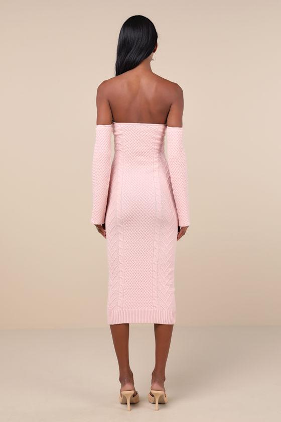 Cuddly Element Light Pink Cable Knit Off-the-Shoulder Midi Dress Product Image