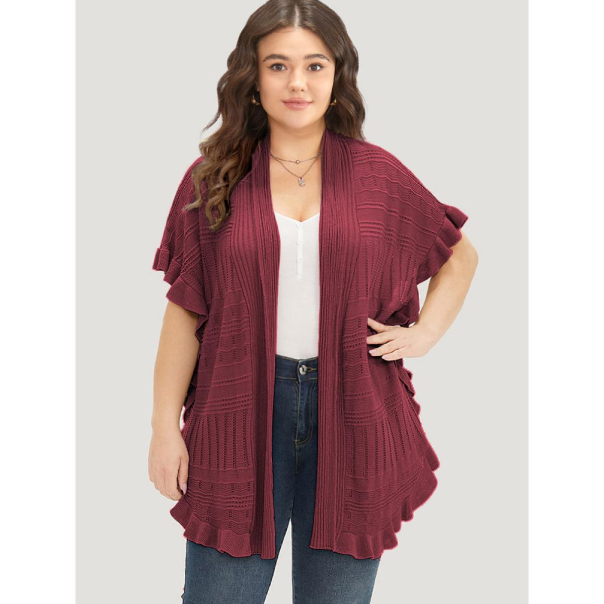 Plus Size Anti-Pilling Plain Ruffles Split Hem Dolman Sleeve Cardigan Scarlet Women Casual Loose Short sleeve Everyday Cardigans BloomChic 28/5X Product Image