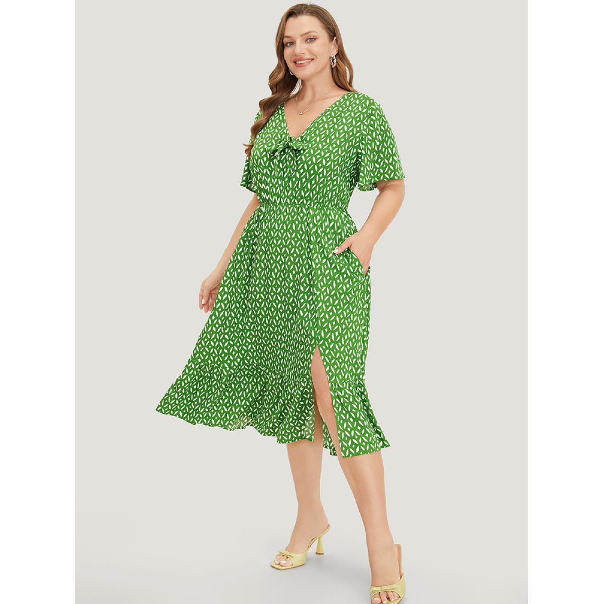 Plus Size Geometric Print Split Knot Reffles Elastic Waist Dress Green Women Elegant Knotted V-neck Short sleeve Curvy Midi Dress BloomChic 12/L Product Image