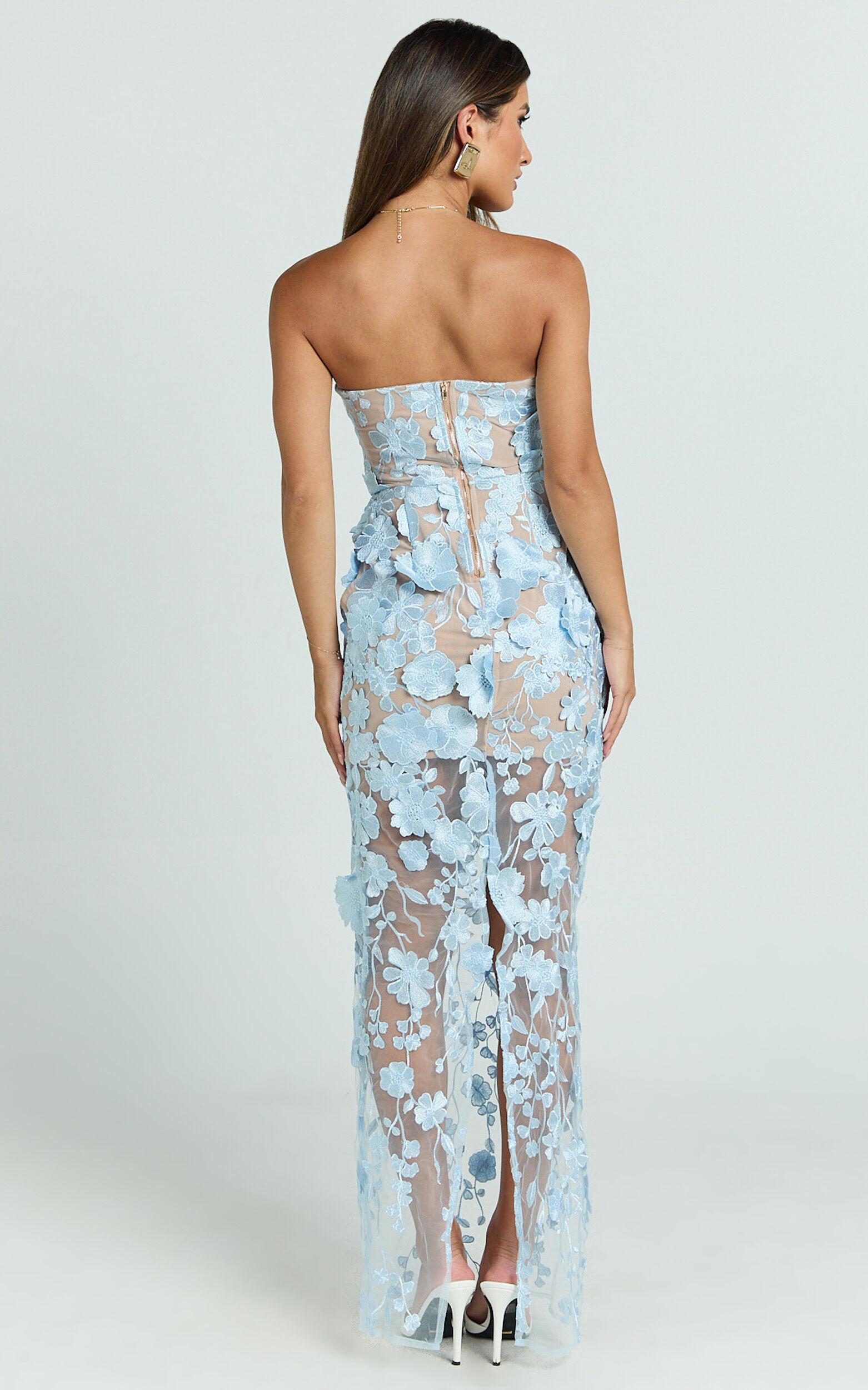 Sienna Maxi Dress - 3D Floral Strapless Column Dress in Blue Product Image