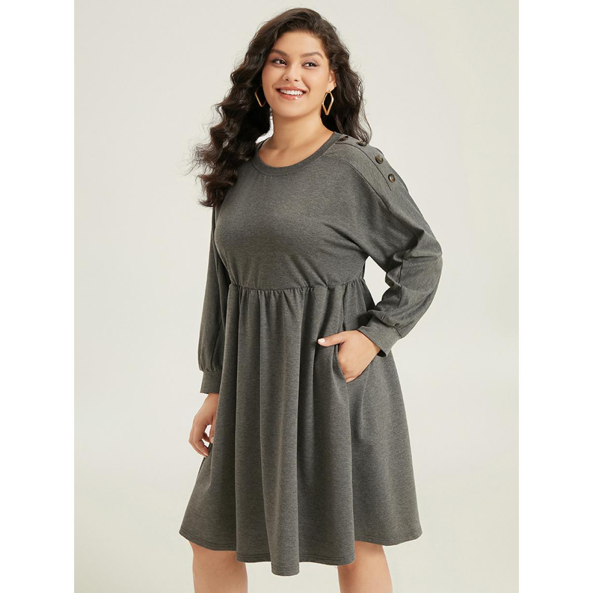 Plus Size Plain Button Detail Pocket Gathered Dress DimGray Women Casual Gathered Round Neck Long Sleeve Curvy Knee Dress BloomChic 28/5X Product Image