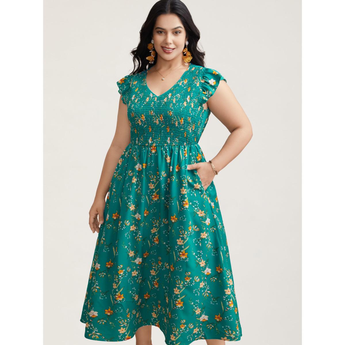 Plus Size Shirred Printed Flutter Sleeve Pockets Maxi Dress Teal Women Timeless Shirred V-neck Cap Sleeve Curvy BloomChic 26/4X Product Image