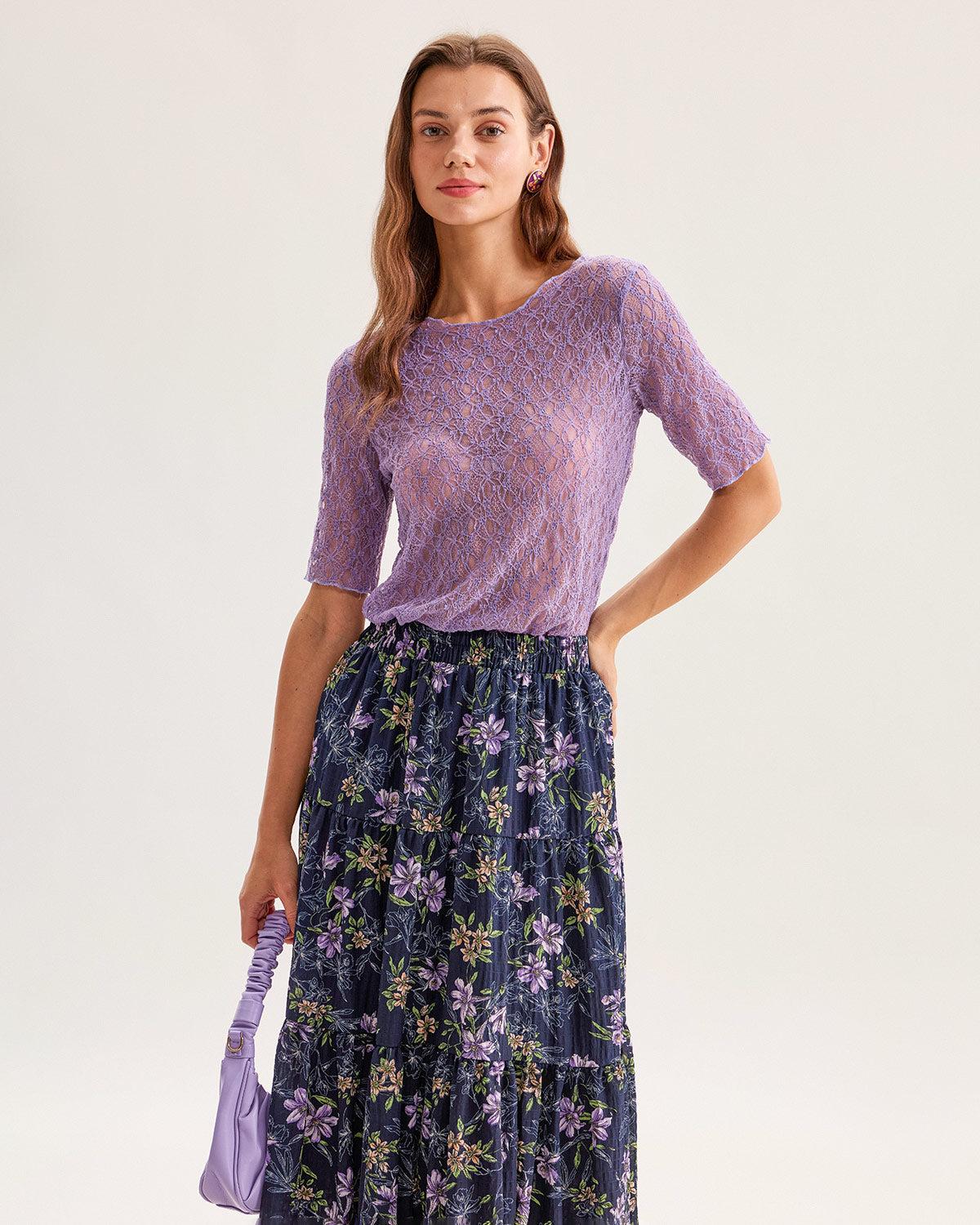 Black Floral Elastic Waist Midi Skirt Product Image