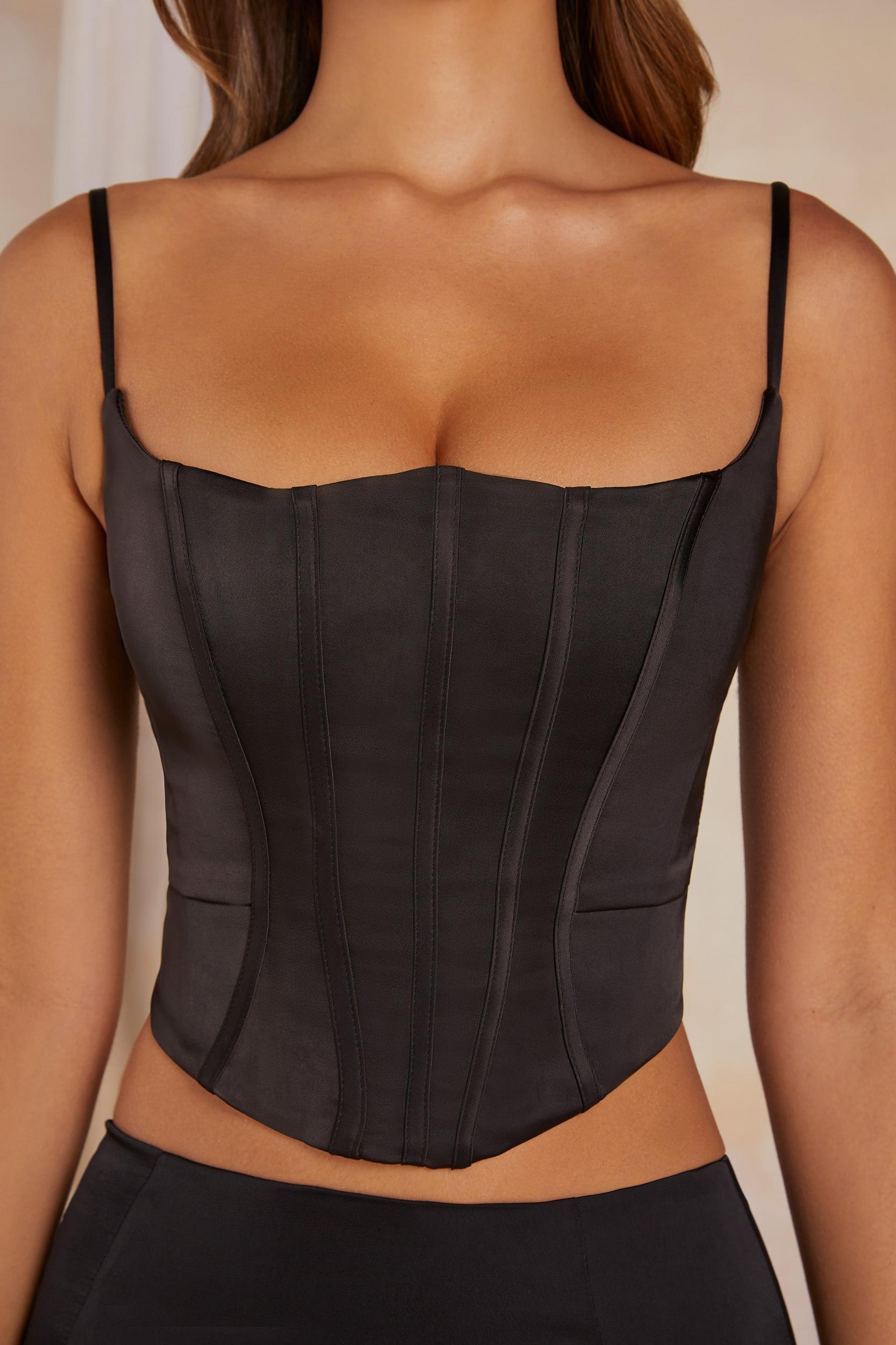Lace Up Back Satin Corset in Black Product Image