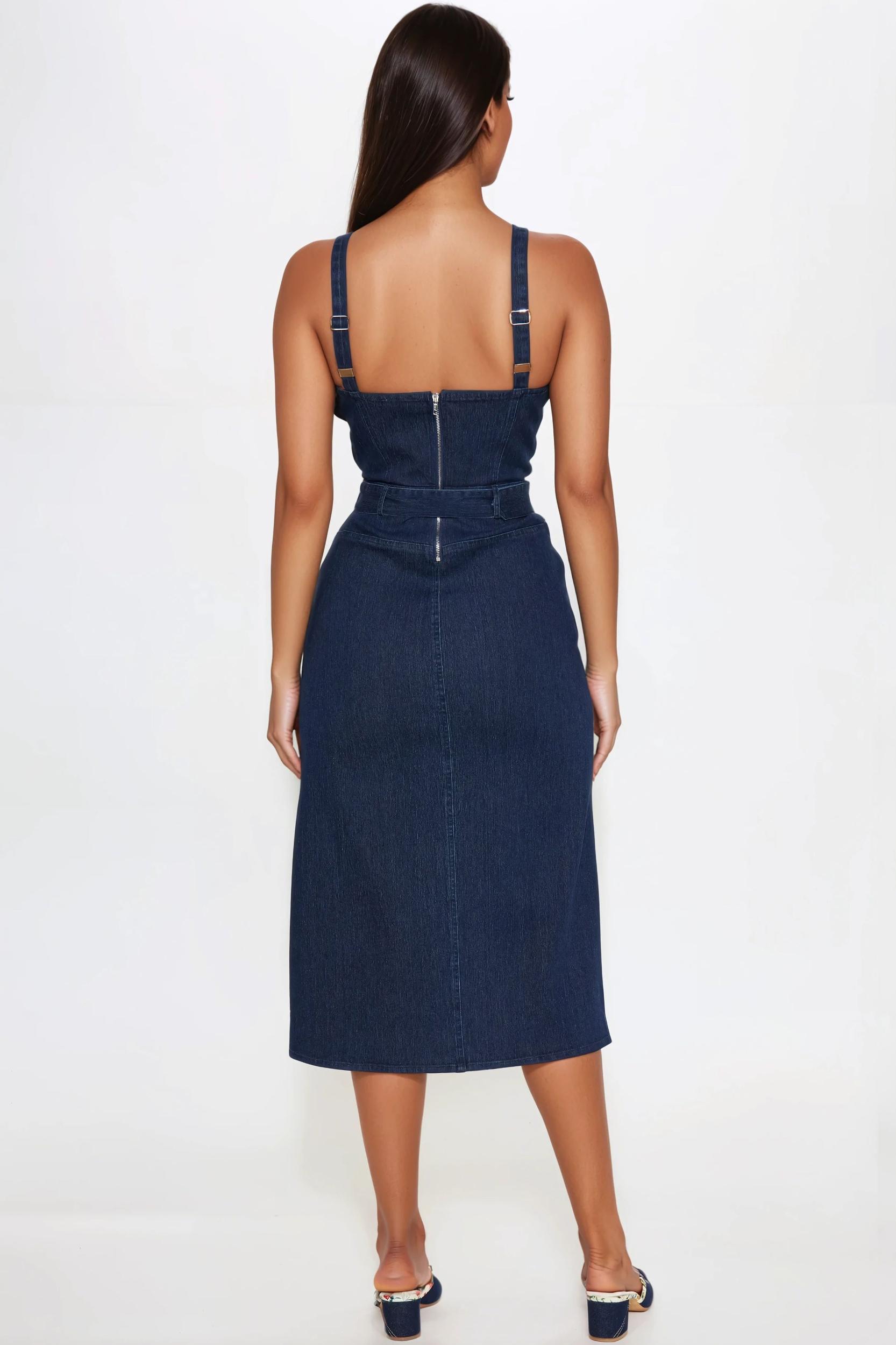 Sade Belted Denim Midi Dress - Dark Wash Product Image