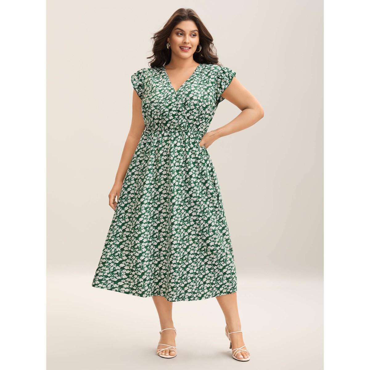 Plus Size Breezy Floral Print Flutter Sleeve Midi Dress Truegreen Women Elegant Ruffles Overlap Collar Cap Sleeve Curvy BloomChic 10/M Product Image