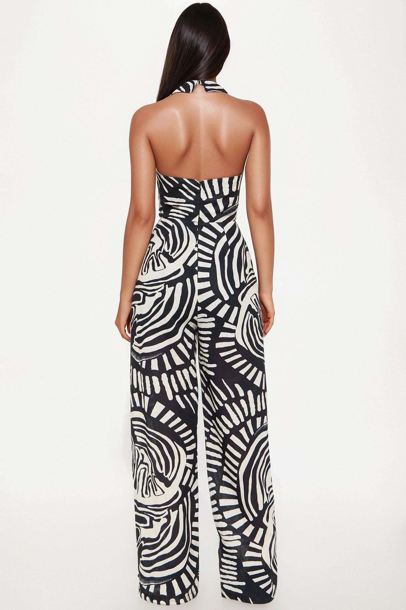 Sign From Above Printed Linen Halter Jumpsuit - Black/combo Female Product Image