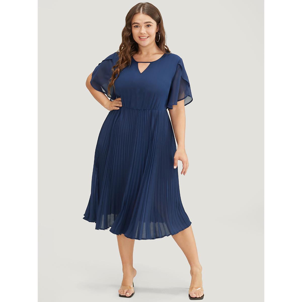 Plus Size Solid Keyhole Split Chiffon Petal Sleeve Pleated Hem Dress Navy Women Office Plain V-neck Short sleeve Curvy Midi Dress BloomChic 22-24/3X Product Image