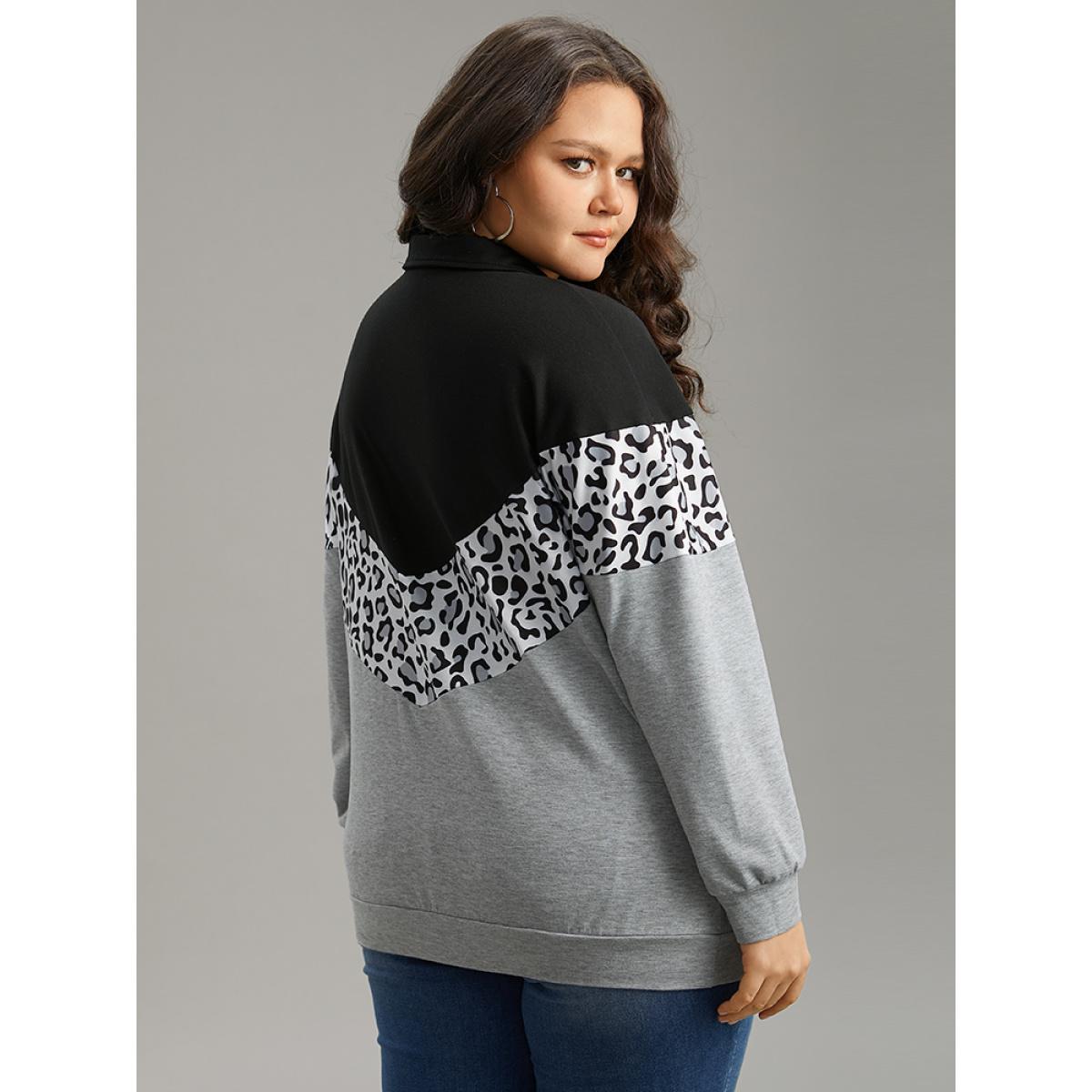 Plus Size Leopard Contrast Patchwork Half Zip Sweatshirt Women Black Casual Elastic cuffs Loose Polo Everyday Sweatshirts BloomChic 12/L Product Image