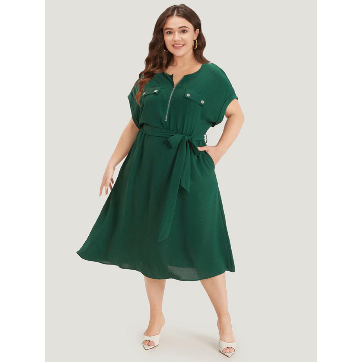 Plus Size Plain Zipper Pocket Button Detail Belted Roll Dress DarkGreen Women Office Plain Round Neck Short sleeve Curvy Midi Dress BloomChic 22-24/3X Product Image