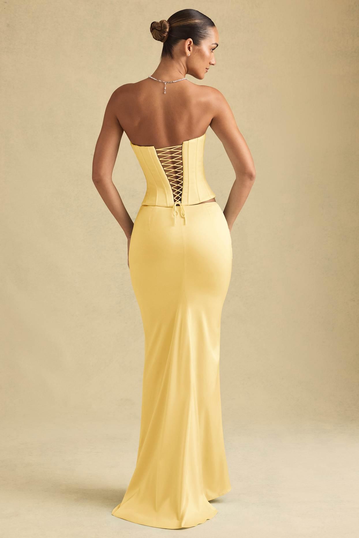 Draped Low-Rise Maxi Skirt in Pastel Yellow Product Image