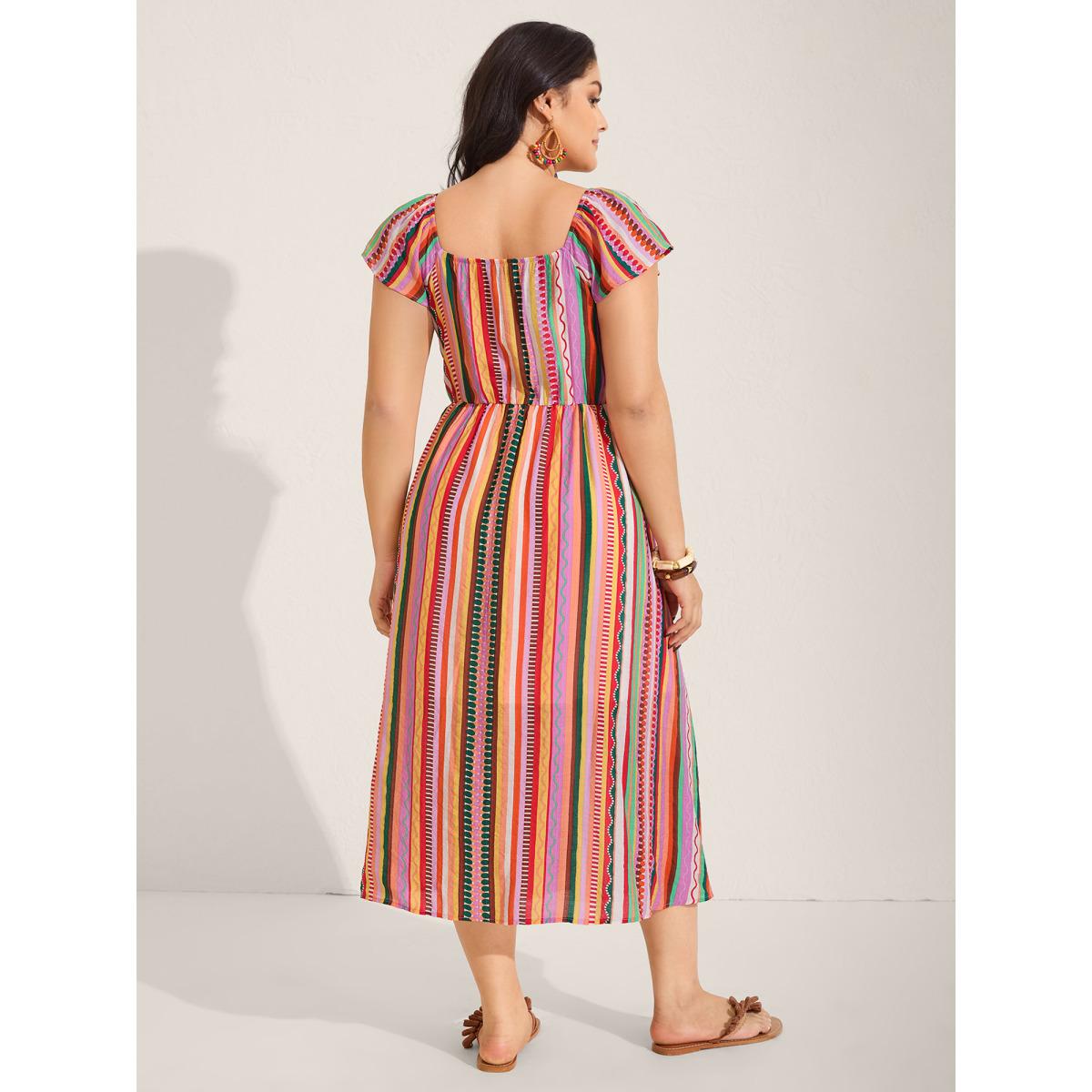 Plus Size Colorful Stripe Flutter Sleeve Pockets Midi Dress Multicolor Women Playful Square Neck Cap Sleeve Curvy BloomChic 10/M Product Image