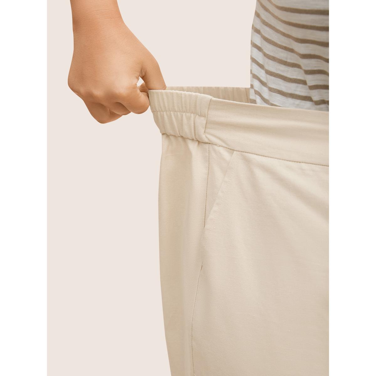 Plus Size Cotton Linen Solid Mid Rise Wide Leg Pants Women Beige Casual Wide Leg Mid Rise Everyday Pants BloomChic 18-20/2X Product Image