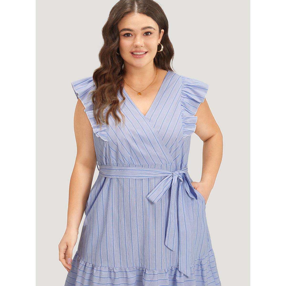 Plus Size Striped Surplice Neck Belted Ruffle Cap Sleeve Dress Stone Women Vacation Belted V-neck Cap Sleeve Curvy Midi Dress BloomChic 28/5X Product Image
