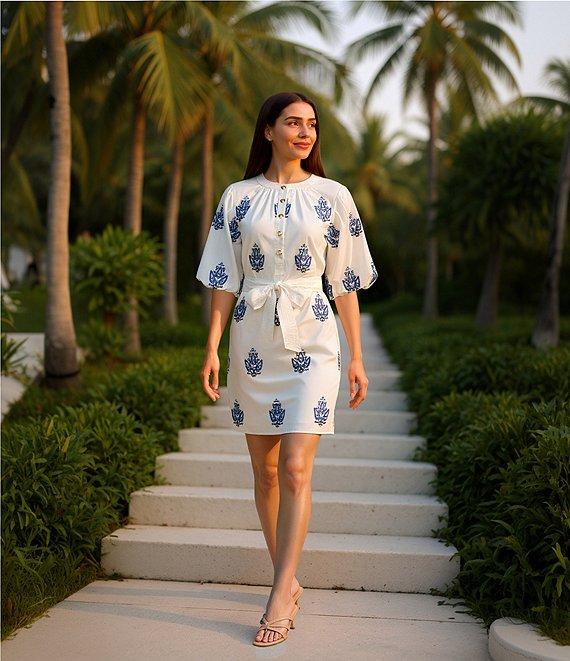 A Loves A Embroidered Paisley Mandarin Collar Short Bubble Sleeve Button Front Tie Waist Sheath Dress Product Image