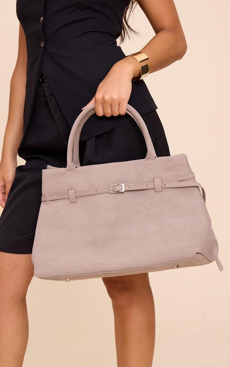 Mushroom Suede Buckle Square Structured Tote Bag Product Image