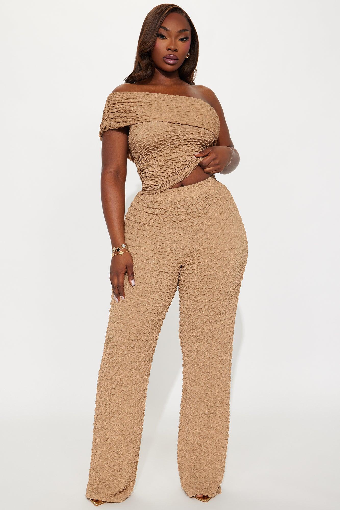 Christy One Shoulder Textured Pant Set - Beige Female Product Image