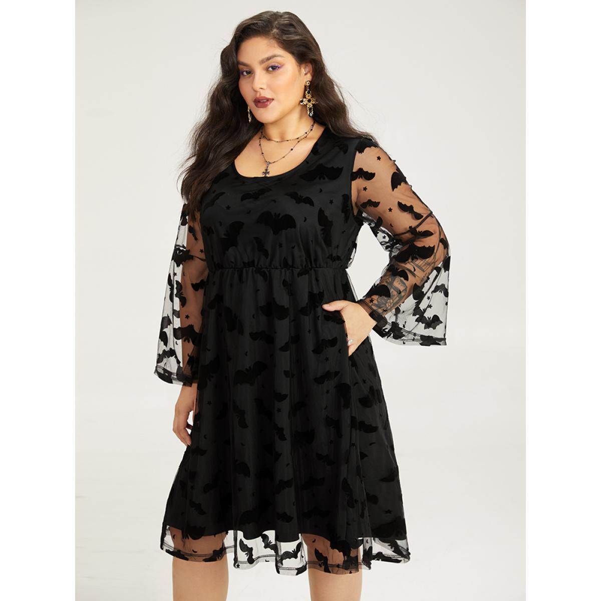 Plus Size Halloween Bat Print Mesh Long Sleeve Dress Black Women Elegant See through Round Neck Long Sleeve Curvy Midi Dress BloomChic 30/6X Product Image