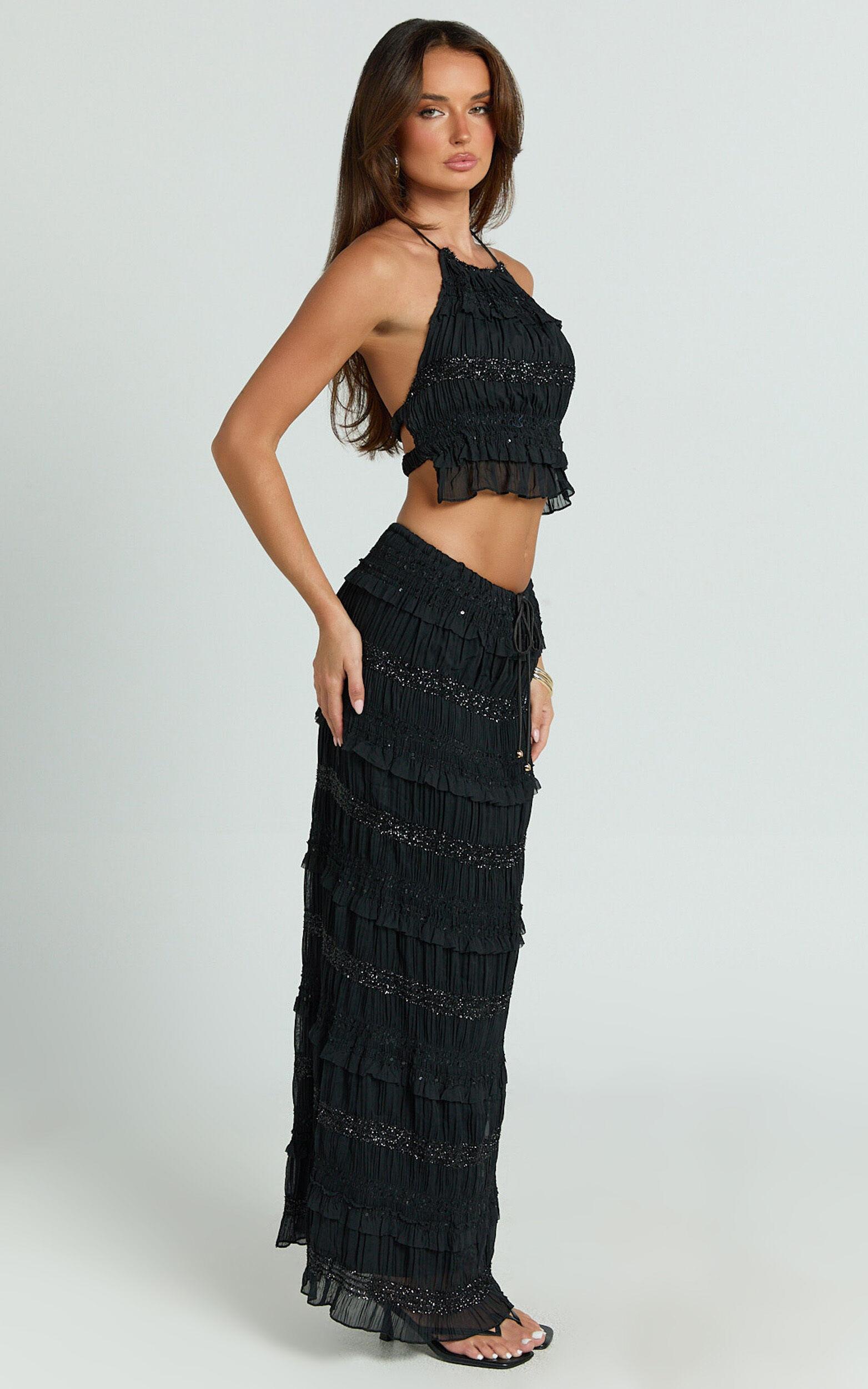 Alice Maxi Skirt - Embellished Ruched Skirt in Black Product Image