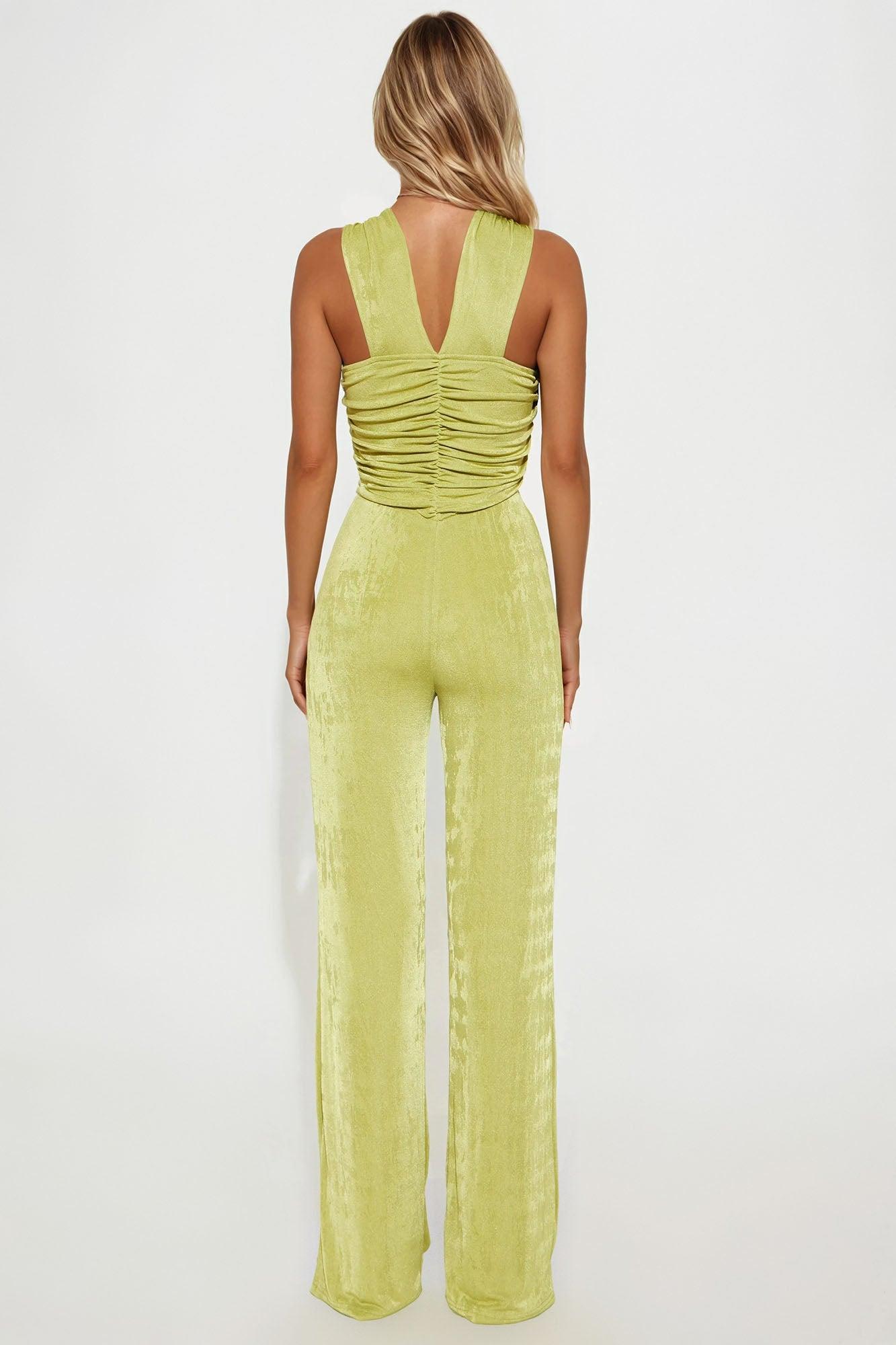 On Your Mind Slinky Wide Leg Jumpsuit - Chartreuse Female Product Image