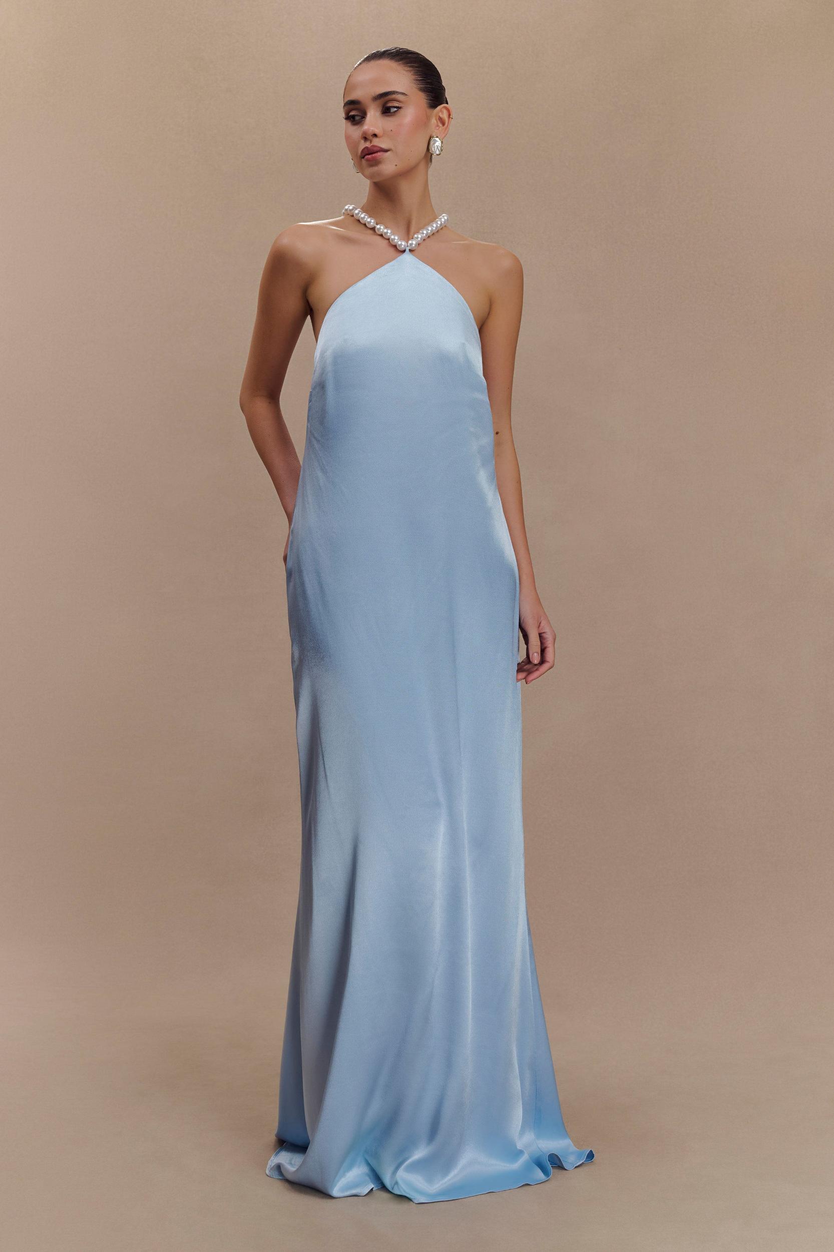 Blanche Satin Pearl Halter Maxi Dress - Cornflower Blue Product Image