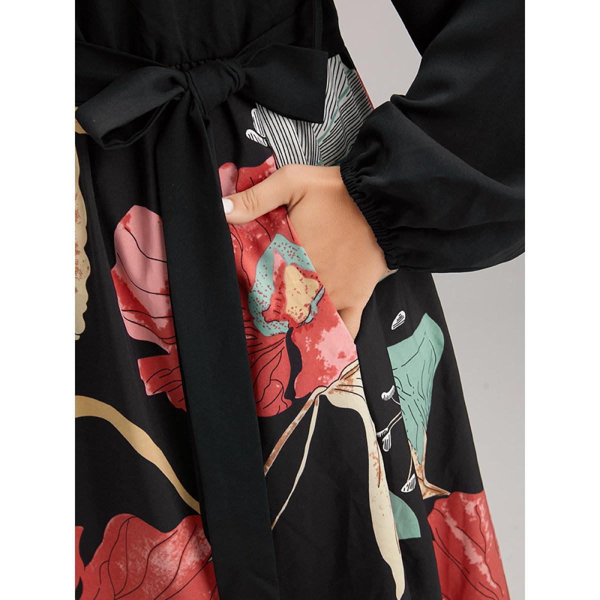 Plus Size Floral Print Patchwork Notched Belted Dress Black Women Elegant Elastic cuffs Notched collar Long Sleeve Curvy Midi Dress BloomChic 10/M Product Image
