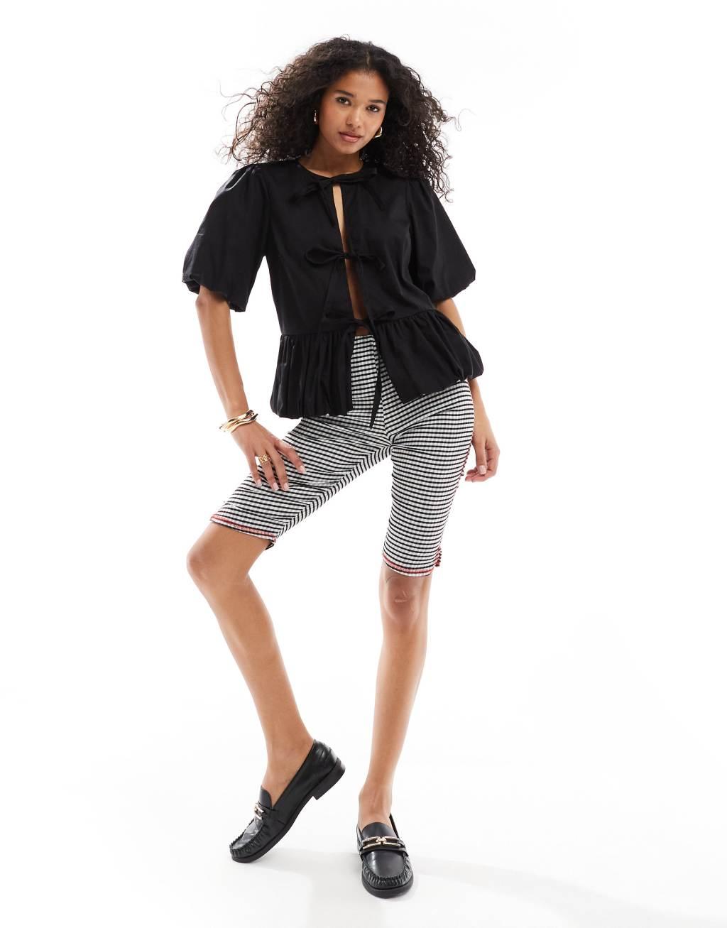 ASOS DESIGN cotton puff sleeve peplum top in black Product Image