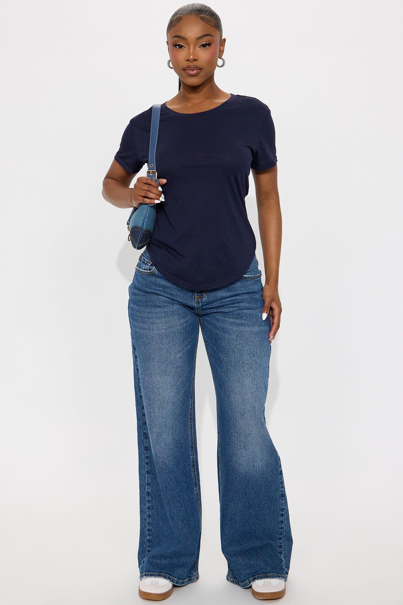 Annie Cuffed Short Sleeve Top - Navy Female Product Image