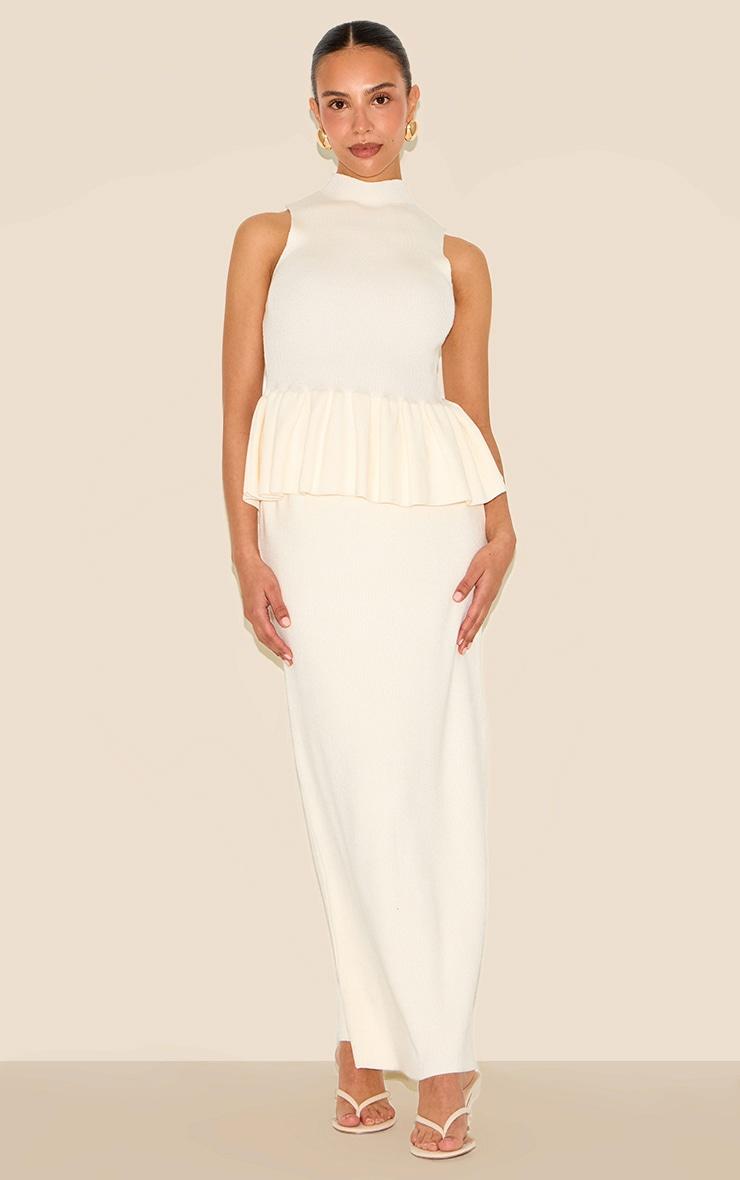 Petite Cream Knitted High Neck Peplum Hem Long Top Product Image