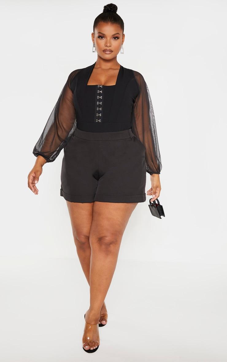 Plus Black Eyelet Detail Mesh Sleeve Bodysuit Product Image