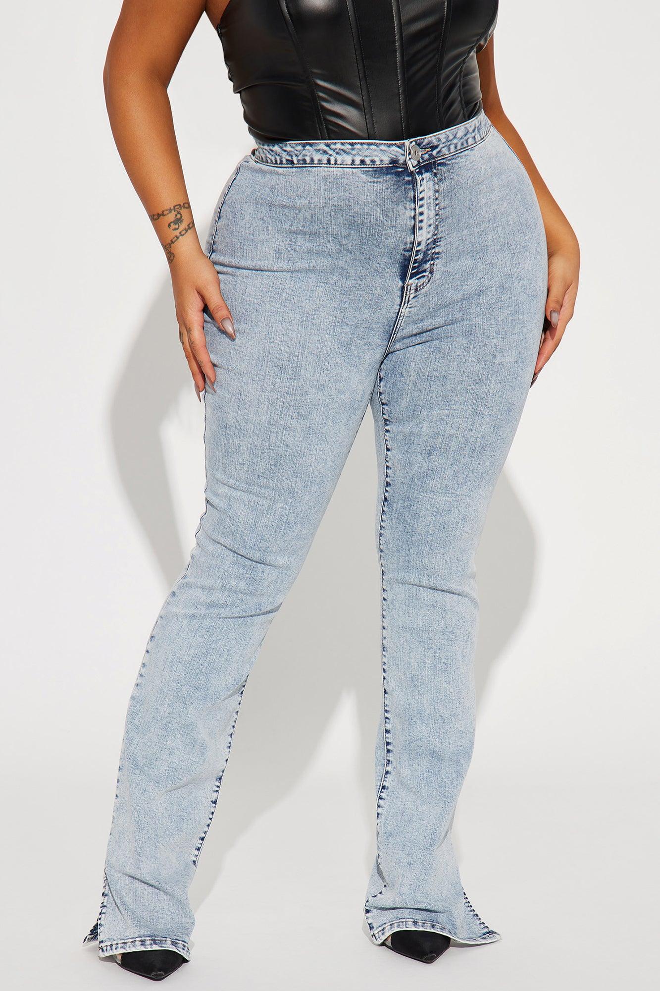 Side Slit Stretch Slim Bootcut Jeans - Acid Wash Denim Product Image