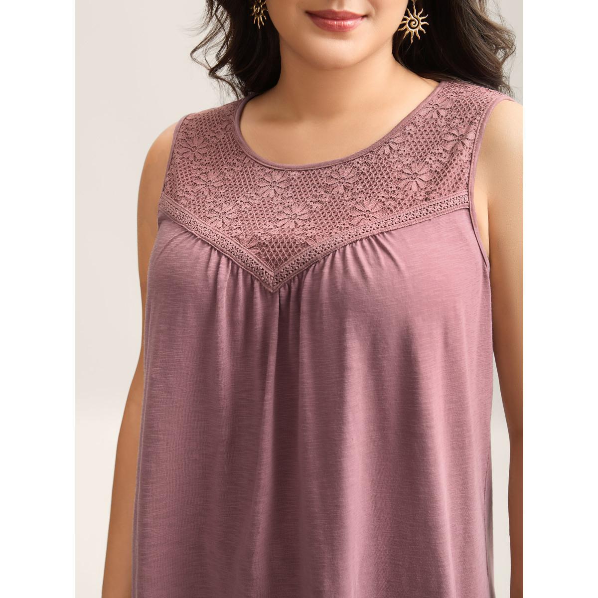 Plus Size Plain Stretchy Lace Tank Top Women Deeppurplered Boho Woven ribbon&lace trim Round Neck Vacation Tank Tops Camis BloomChic 26/4X Product Image