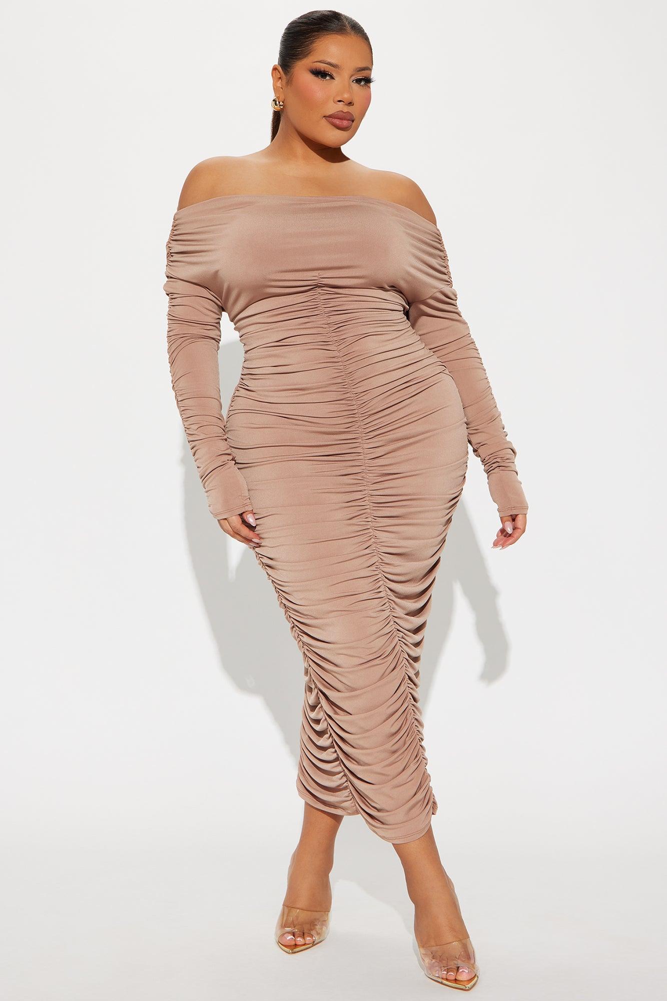 Kasi Ruched Midi Dress - Taupe Product Image