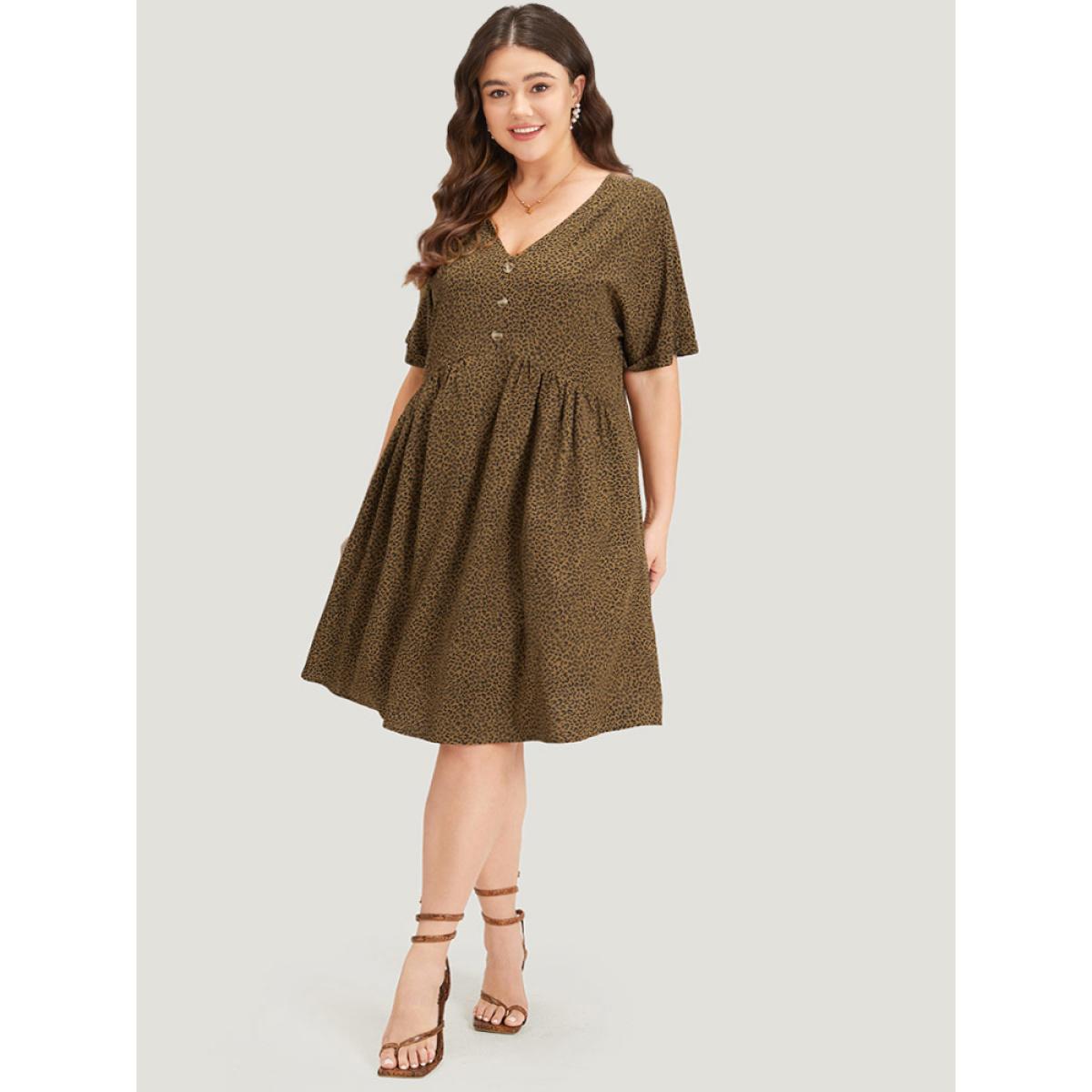 Plus Size Leopard Print V Neck Button Detail Dolman Sleeve Dress Bronze Women Elegant Button V-neck Short sleeve Curvy Knee Dress BloomChic 14-16/1X Product Image
