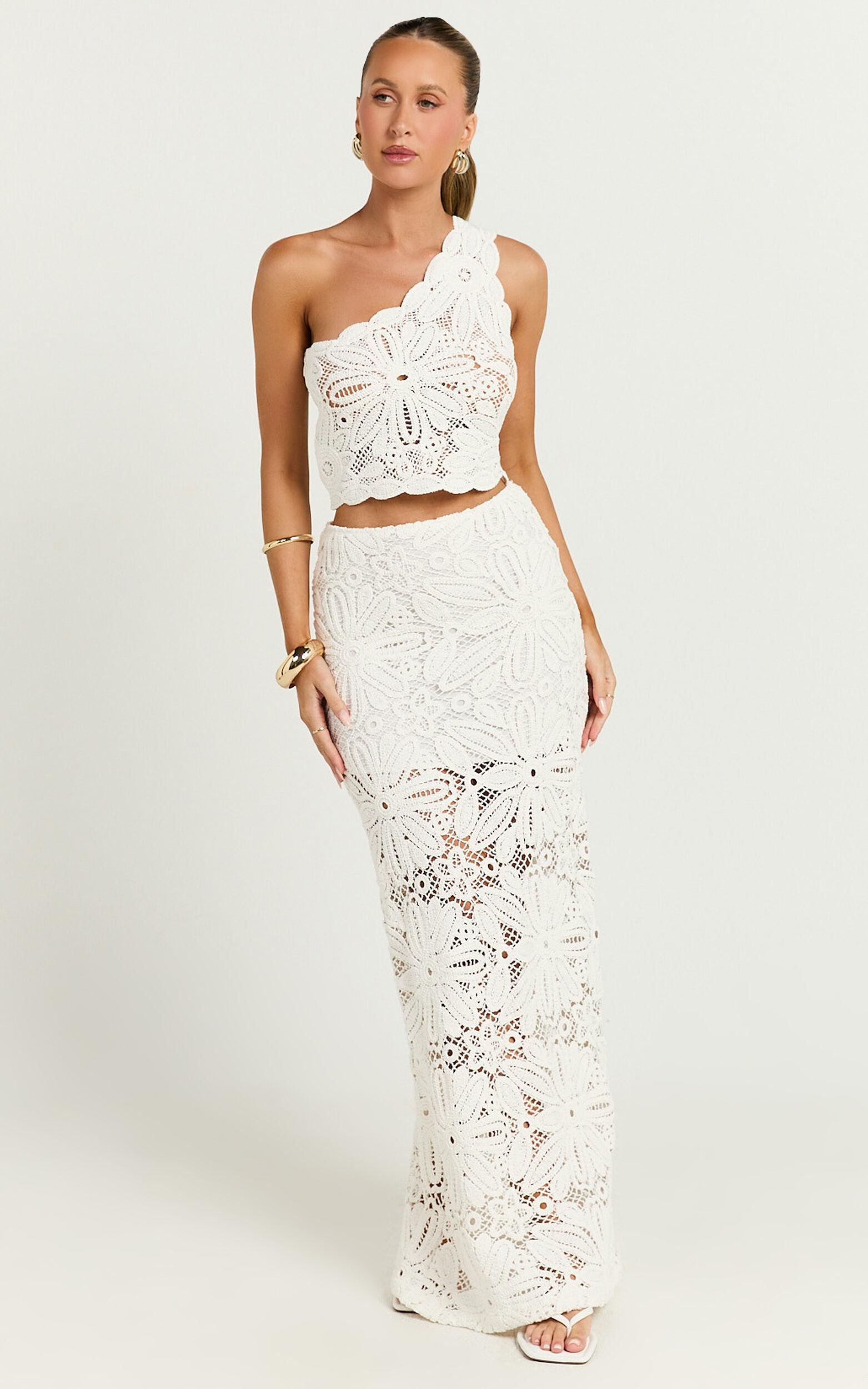 Charlene Maxi Skirt - Crochet Fit And Flare Skirt in White Product Image