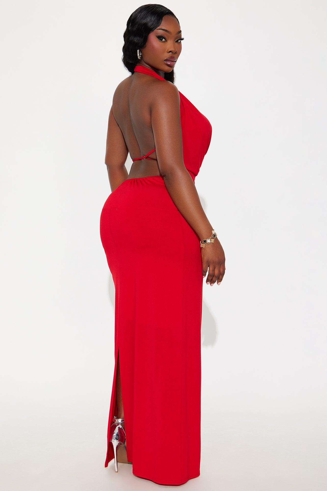 Maya Double Lined Backless Halter Maxi Skirt Set - Red Female Product Image