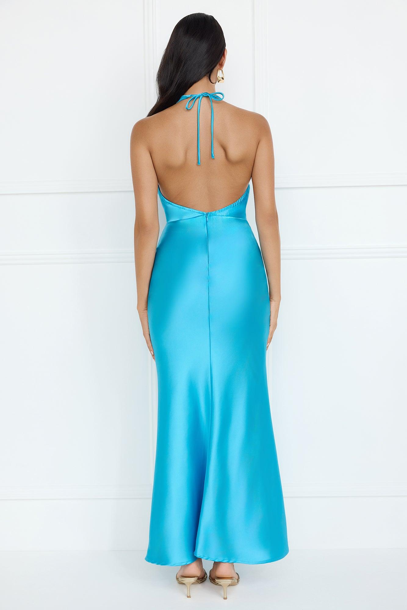 High Sheen Halter Maxi Dress Blue Product Image