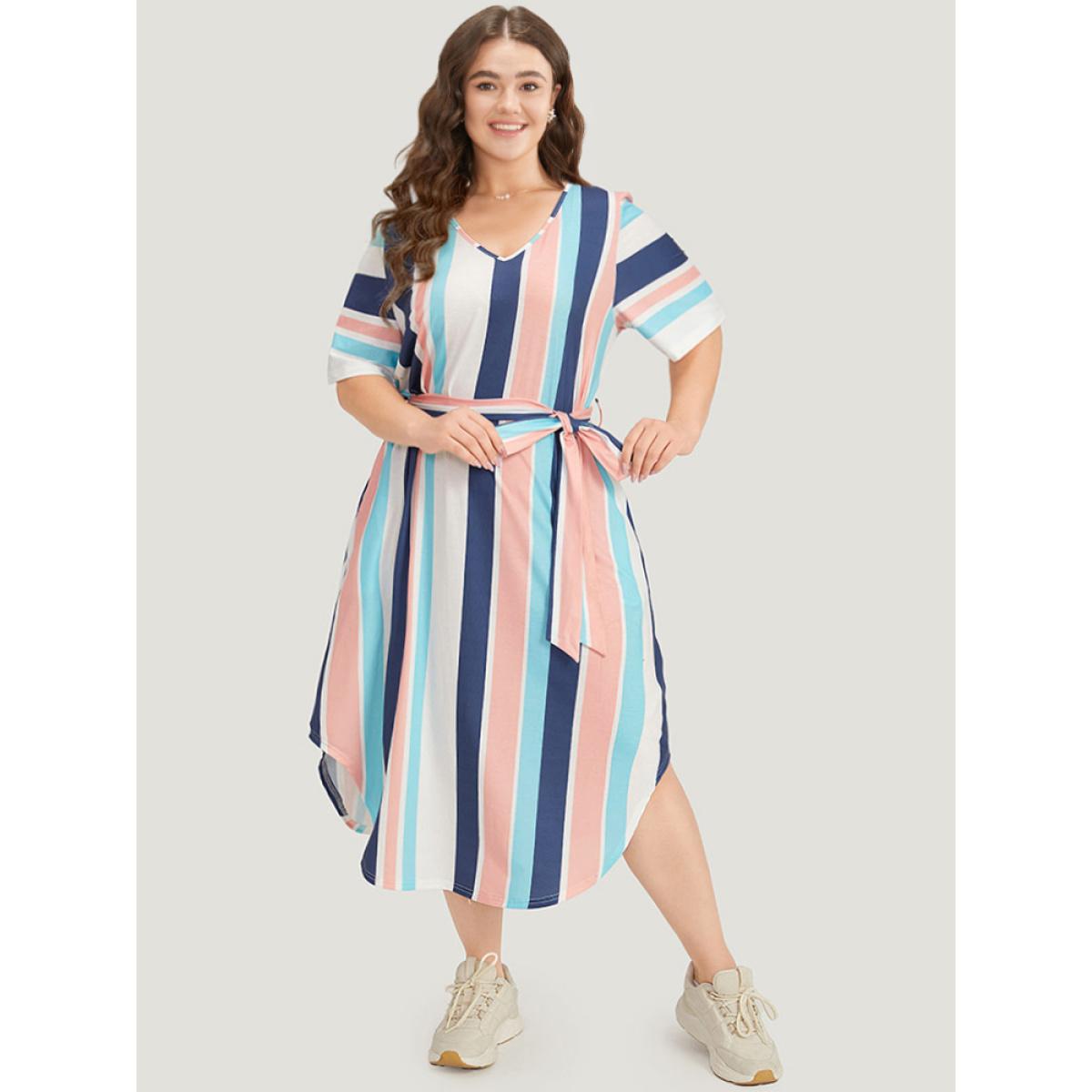 Plus Size Striped Belted V Neck Pocket Arc Hem Dress Indigo Women Casual Belted V-neck Short sleeve Curvy Midi Dress BloomChic 14-16/1X Product Image