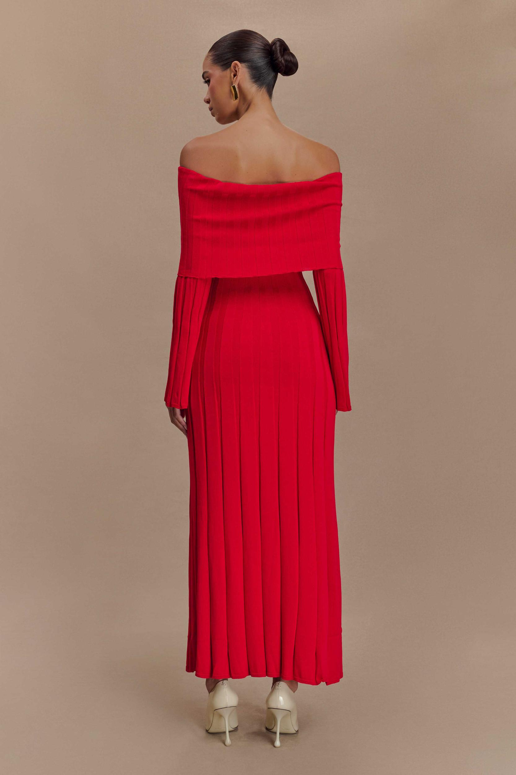 Alonza Long Sleeve Knit Midi Dress - Red Product Image