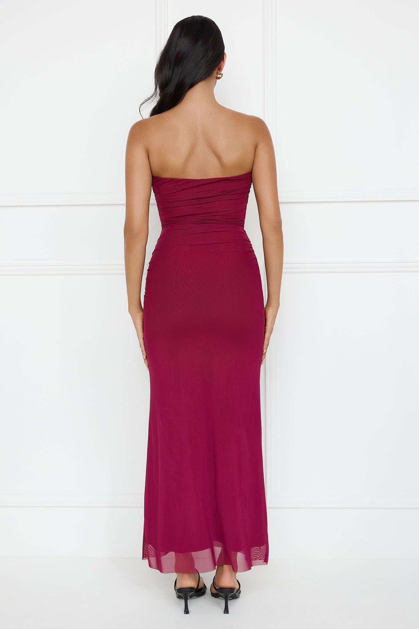 Noir Seduction Strapless Mesh Maxi Dress Burgundy Product Image