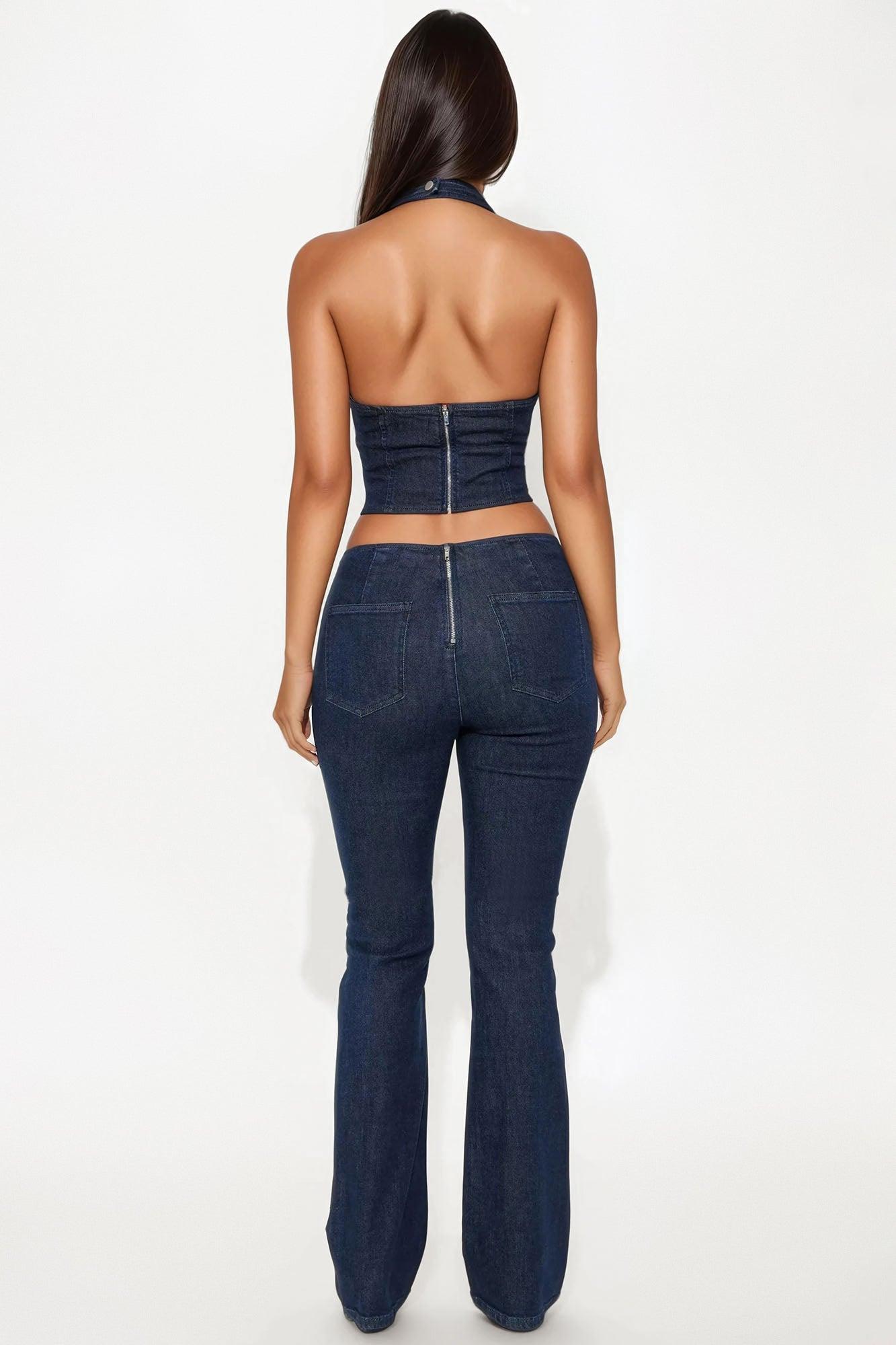 Andrea Halter And Flare Leg Pant Set - Dark Wash Female Product Image