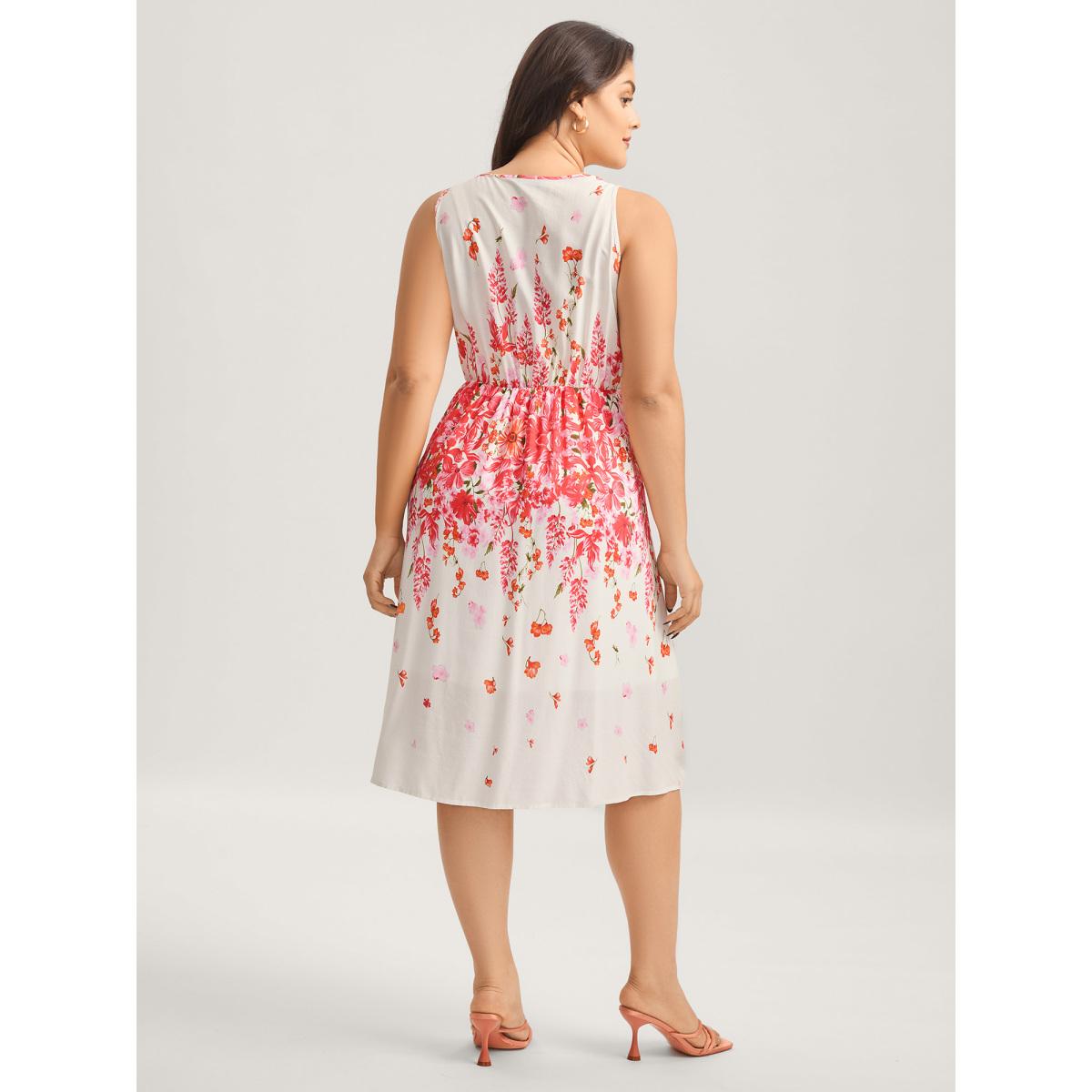 Plus Size Floral Print Cinched-Waist Midi Dress Rosered Women Round Neck Sleeveless Curvy BloomChic 14-16/1X Product Image