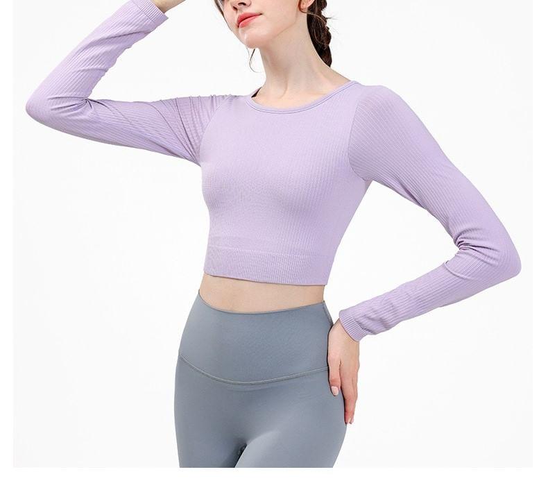 Long-Sleeve Round Neck Plain Crop Yoga T-Shirt Product Image