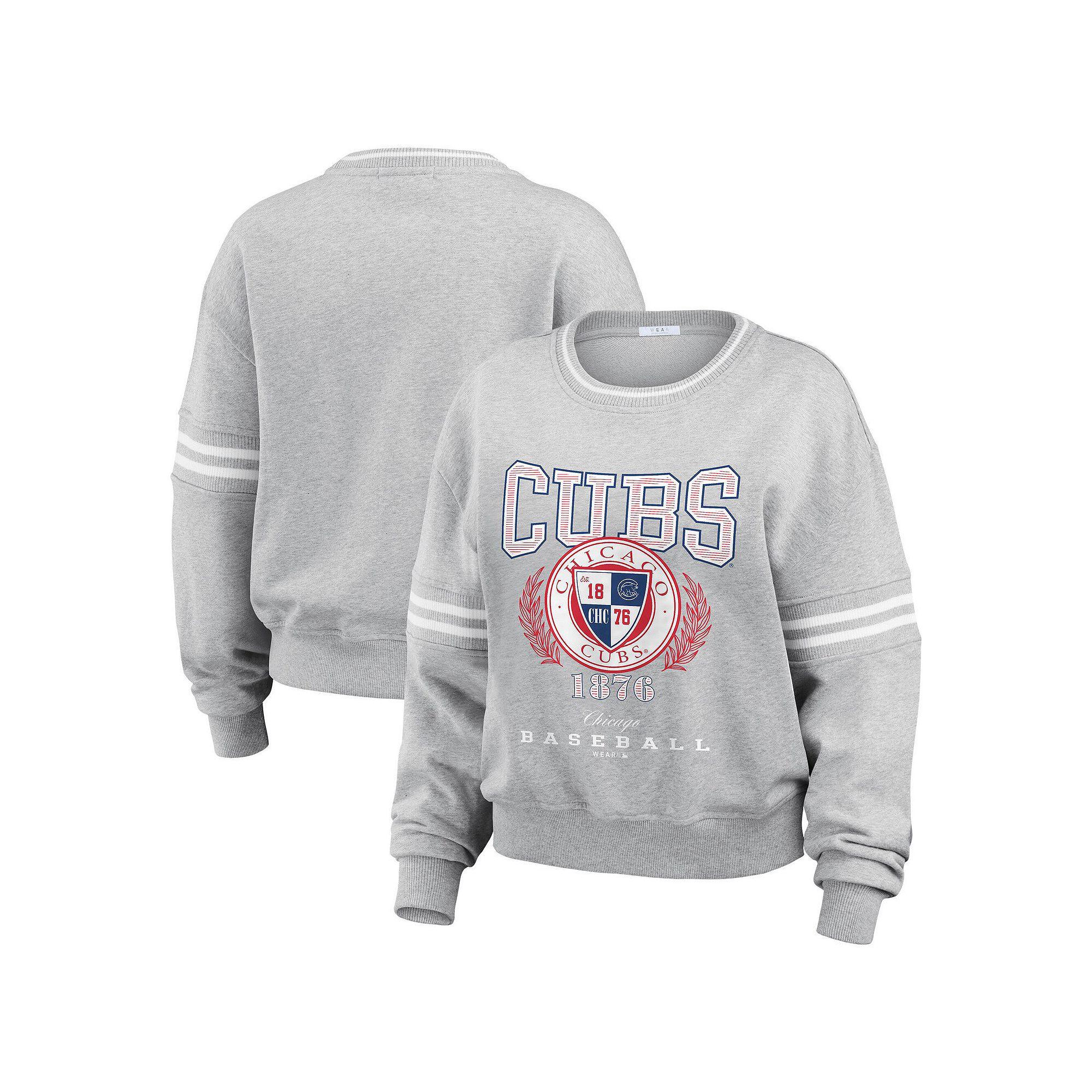 Women's WEAR by Erin Andrews Heather Gray Chicago Cubs Domestic Crest Pullover Sweatshirt, Size: XS, Grey Product Image