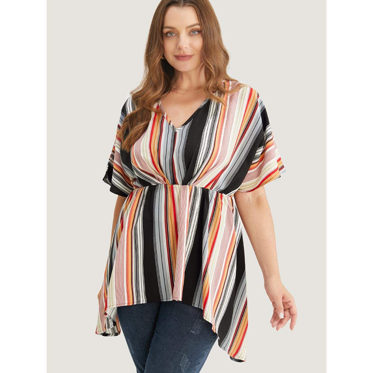 Plus Size Multicolor Striped Contrast Dolman Sleeve Asymmetrical Hem Blouse Women Vacation Short sleeve V-neck Dailywear Blouses BloomChic 14-16/1X Product Image