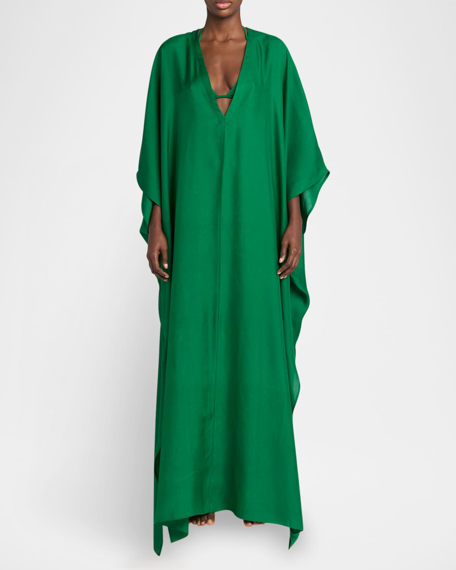 Plunging V-Neck Light Silk Twill Maxi Kaftan Dress Product Image