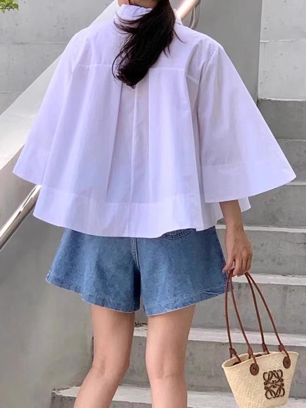 A-Line Flared Sleeves Buttoned Pleated Solid Color Lapel Blouses&Shirts Tops Product Image