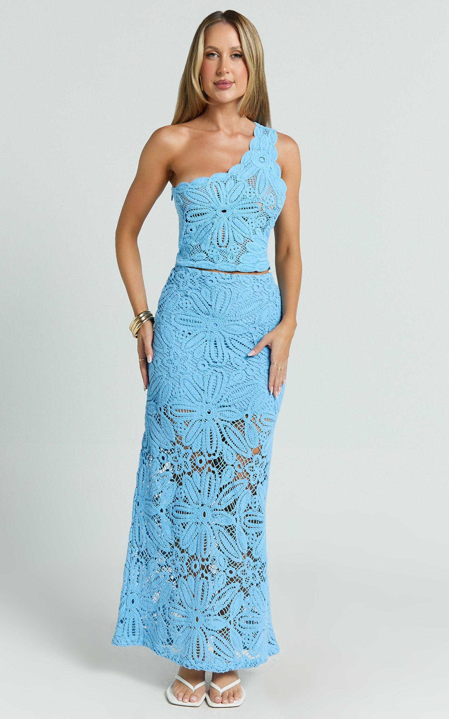 Charlene Maxi Skirt - Crochet Fit And Flare Skirt in Blue Product Image